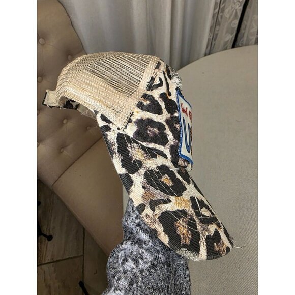 Leopard Print God Bless The USA Distressed Trucker Hat With Mesh Back - Picture 8 of 11